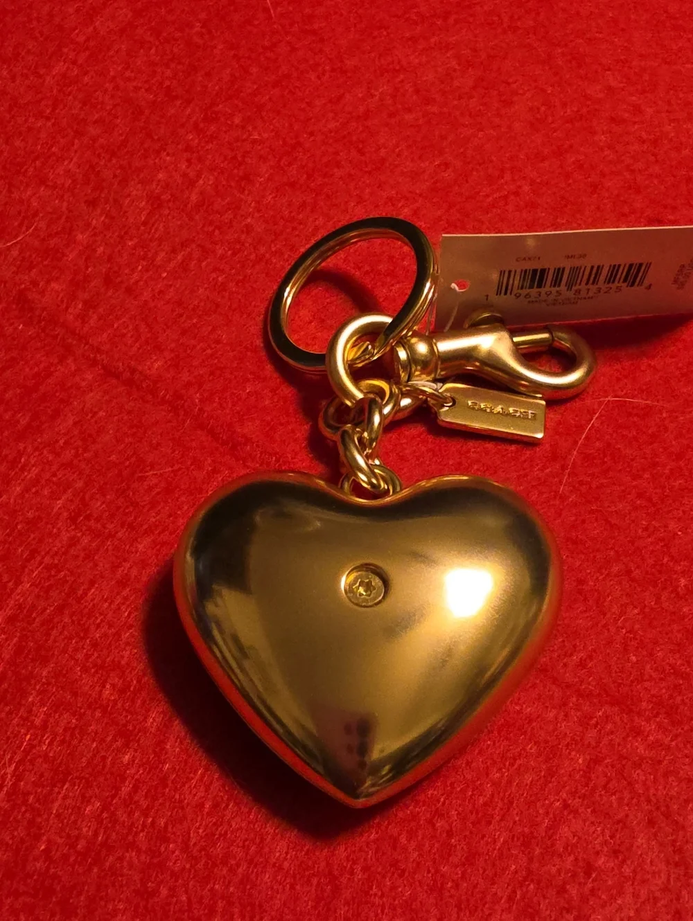 COACH Gold Heart Keychain with Red, Yellow, Green, Blue Stripes